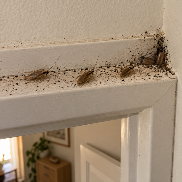 German cockroaches, egg cases and droppings on the ledge on top of a door frame