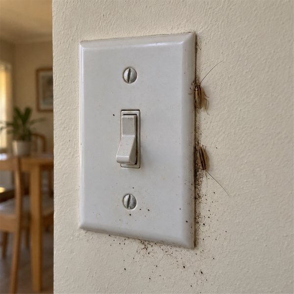 German cockroaches emerging from the edge of a wall switch plate with droppings below it
