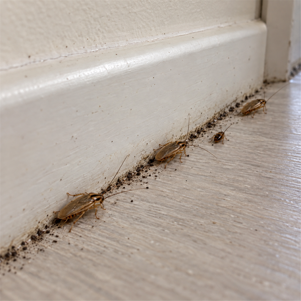 A line of German cockroach droppings along a baseboard seam with roaches travelling the edge