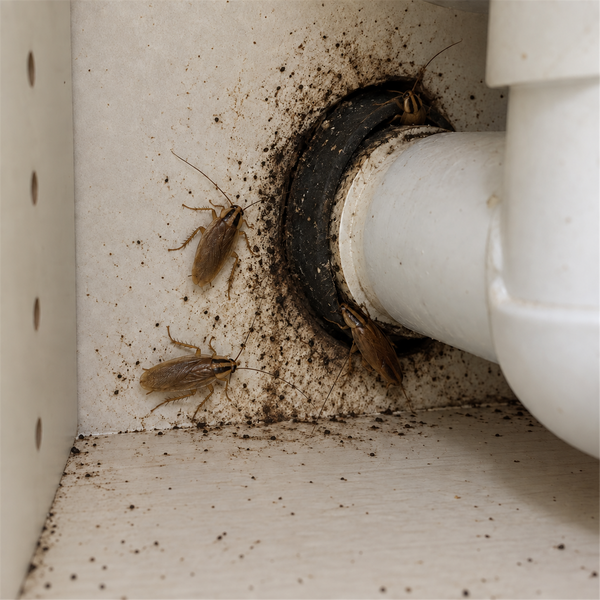 German cockroaches around a stained pipe penetration behind a bathroom vanity