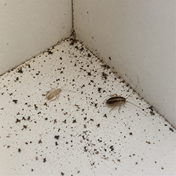 Close-up of German cockroach droppings that look like coarse ground coffee, with a shed skin and a nymph