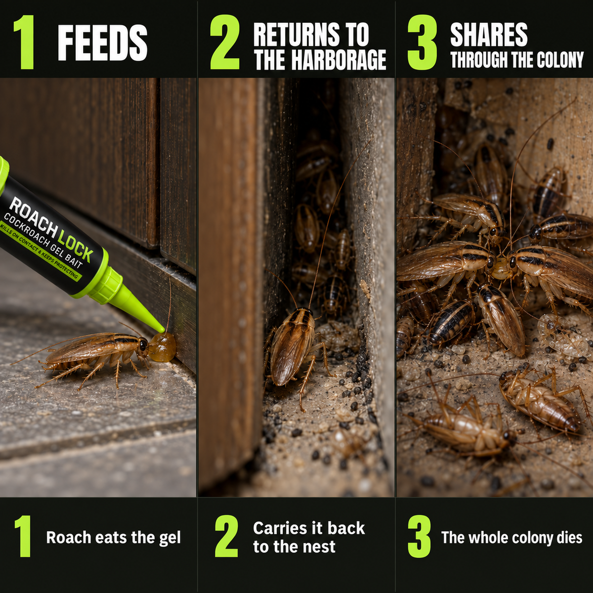 How RoachLock works: a German cockroach feeds on the gel, returns to the harborage, and the bait spreads through the colony