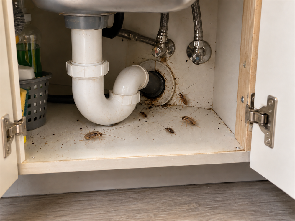 German cockroaches and ground-coffee-like droppings around the pipe collar under a kitchen sink