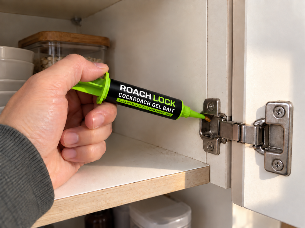 A hand placing a single rice-grain-sized dot of RoachLock gel into a kitchen cabinet hinge recess