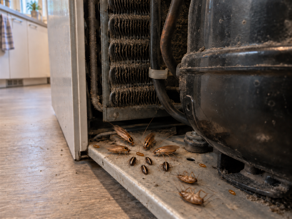 German cockroaches feeding on small gel dots in the warm compressor area behind a refrigerator