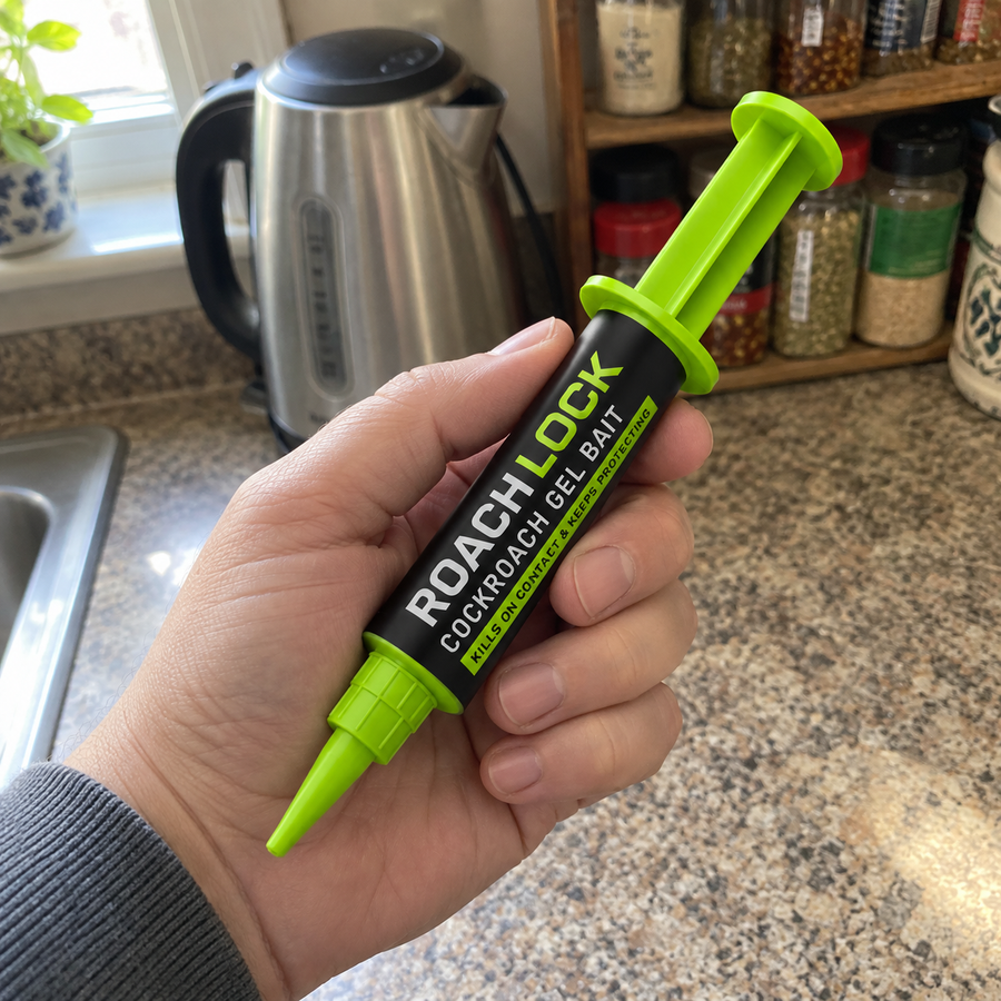 Hand holding the lime-green RoachLock syringe over a kitchen counter