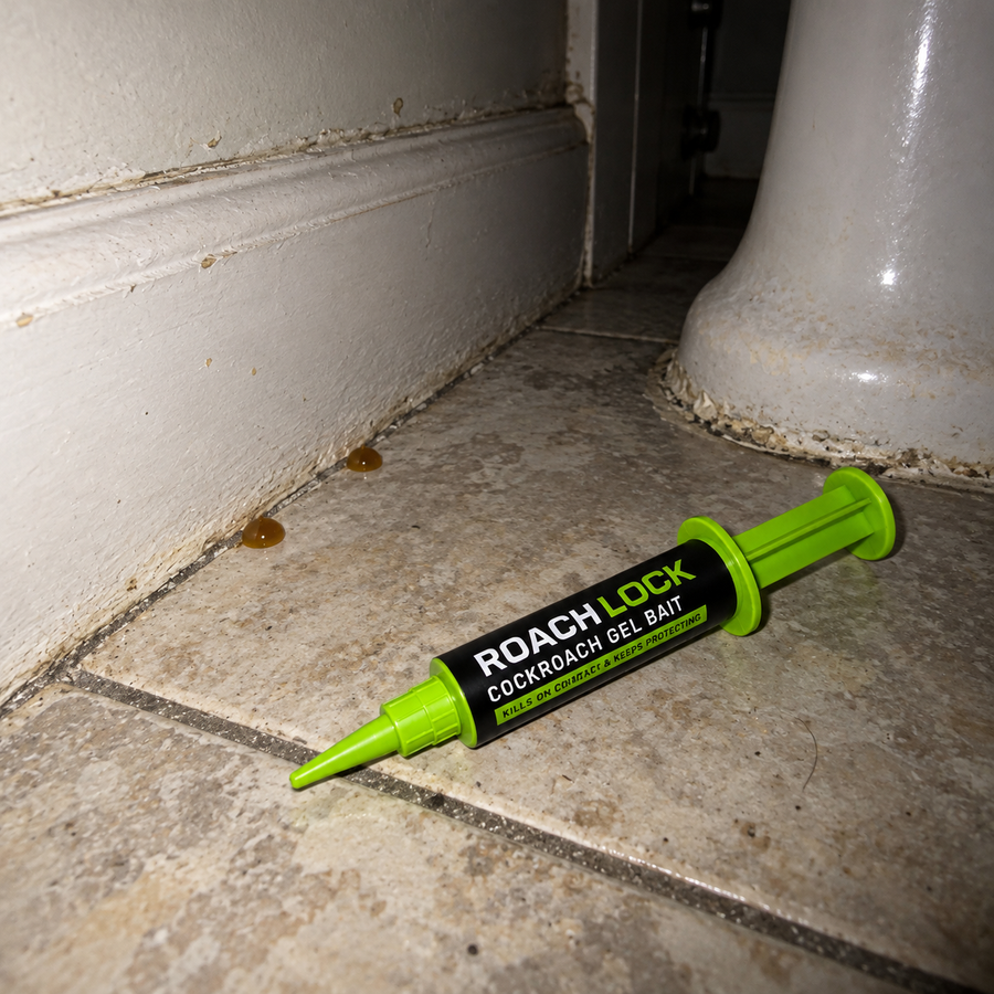 Gel bait being applied along a bathroom baseboard