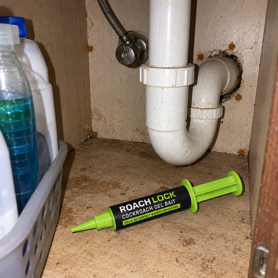 Small dots of gel bait placed inside a kitchen cabinet