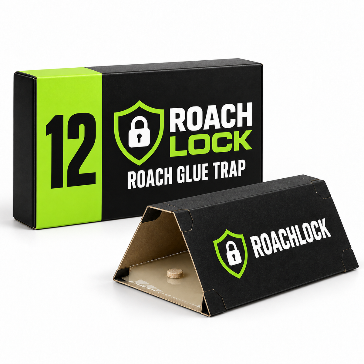 RoachLock Roach Glue Trap 12-pack carton with one assembled triangular trap