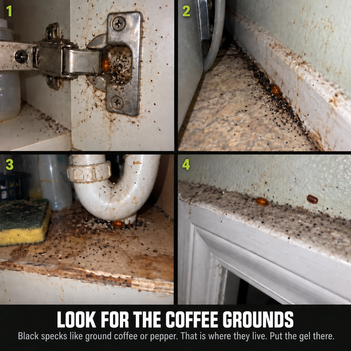 Look for the coffee grounds. Four photos of cockroach droppings that look like ground coffee, each with a single rice-sized amber bead of gel placed in the crack: a cabinet hinge recess, the skirting crack behind an appliance, the seam where the sink pipe passes through the cabinet base, and the top edge of a door frame. Black specks like ground coffee or pepper. That is where they live. Put the gel there.