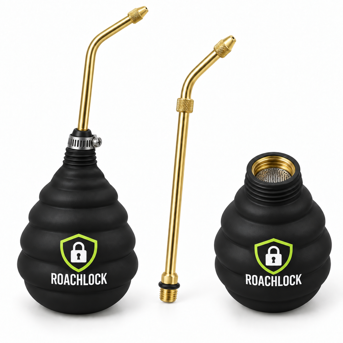 RoachLock Void Duster: matte black ribbed bellows bulb with the RoachLock shield, a brass bent wand with a knurled tip, shown assembled and with the wand detached.